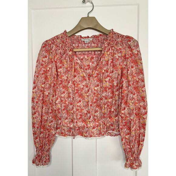 American Eagle Outfitters Tops - American Eagle Floral Top Shirt SMALL  Long Sleeve Smocking Lace Detail